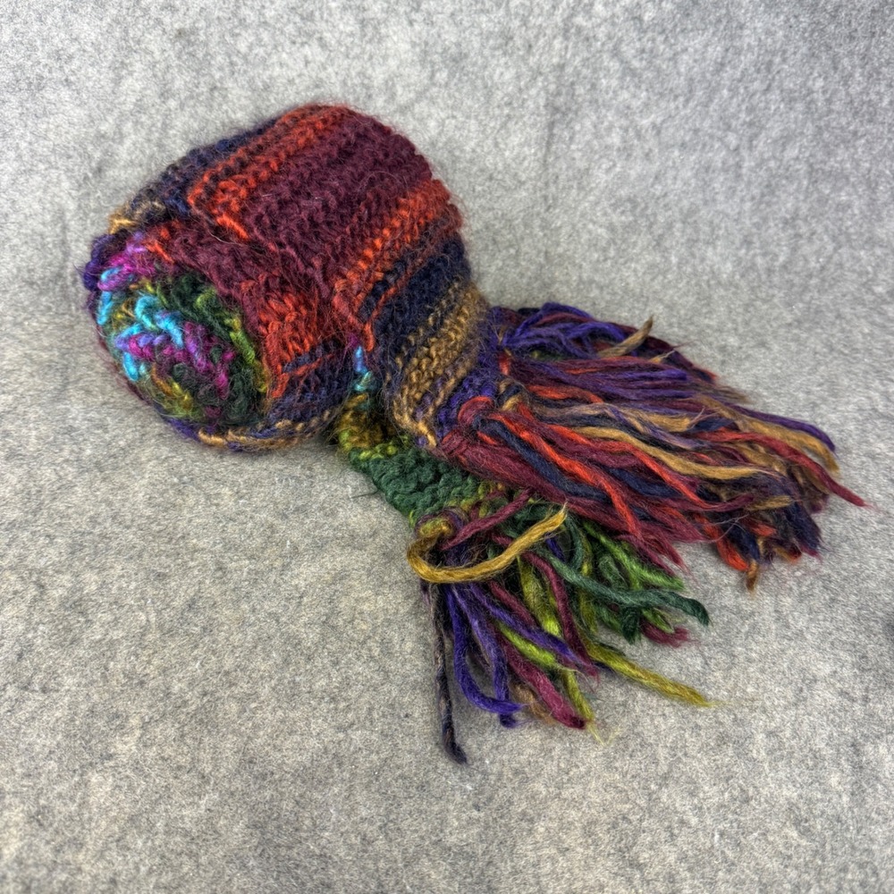 Handmade Crochet Striped Scarf Multi Color Boho Fringe Knit Winter Rainbow